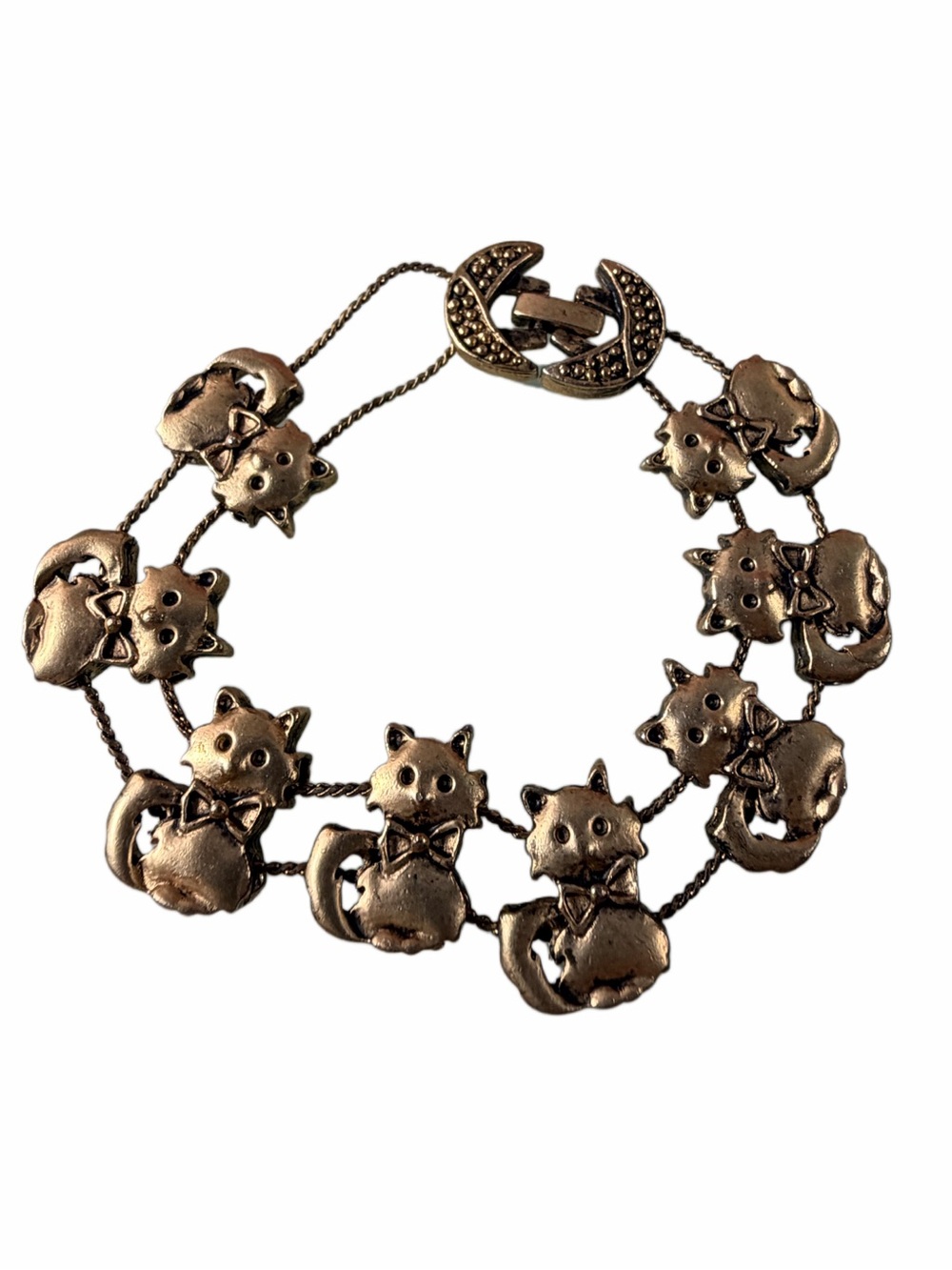 Vintage-Inspired Cat Charm Bracelet in Antique Gold - Unbranded